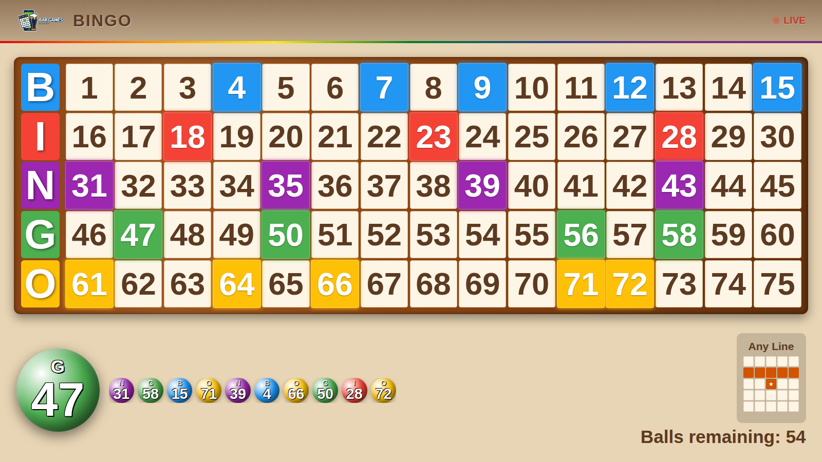 75-ball bingo TV screen with the winning pattern
